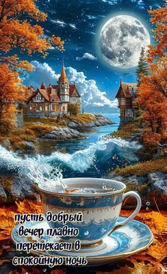 Открытка «Пожелание»: Красивый осенний вечер: плавно в ночь. Тэги: уют, осень, чашка, настроение, сказка, лист…