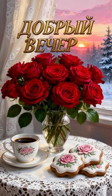 Открытка «Пожелание»: «Добрый вечер» – Красивые розы, уют и зимний закат. Тэги: красивая, кофе, цветок, печенье, окно…