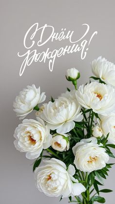 Открытка «Добрый день»: С Днём рождения! Нежные белые пионы. Тэги: Добрый день и добрые пожелания, Добрый день…