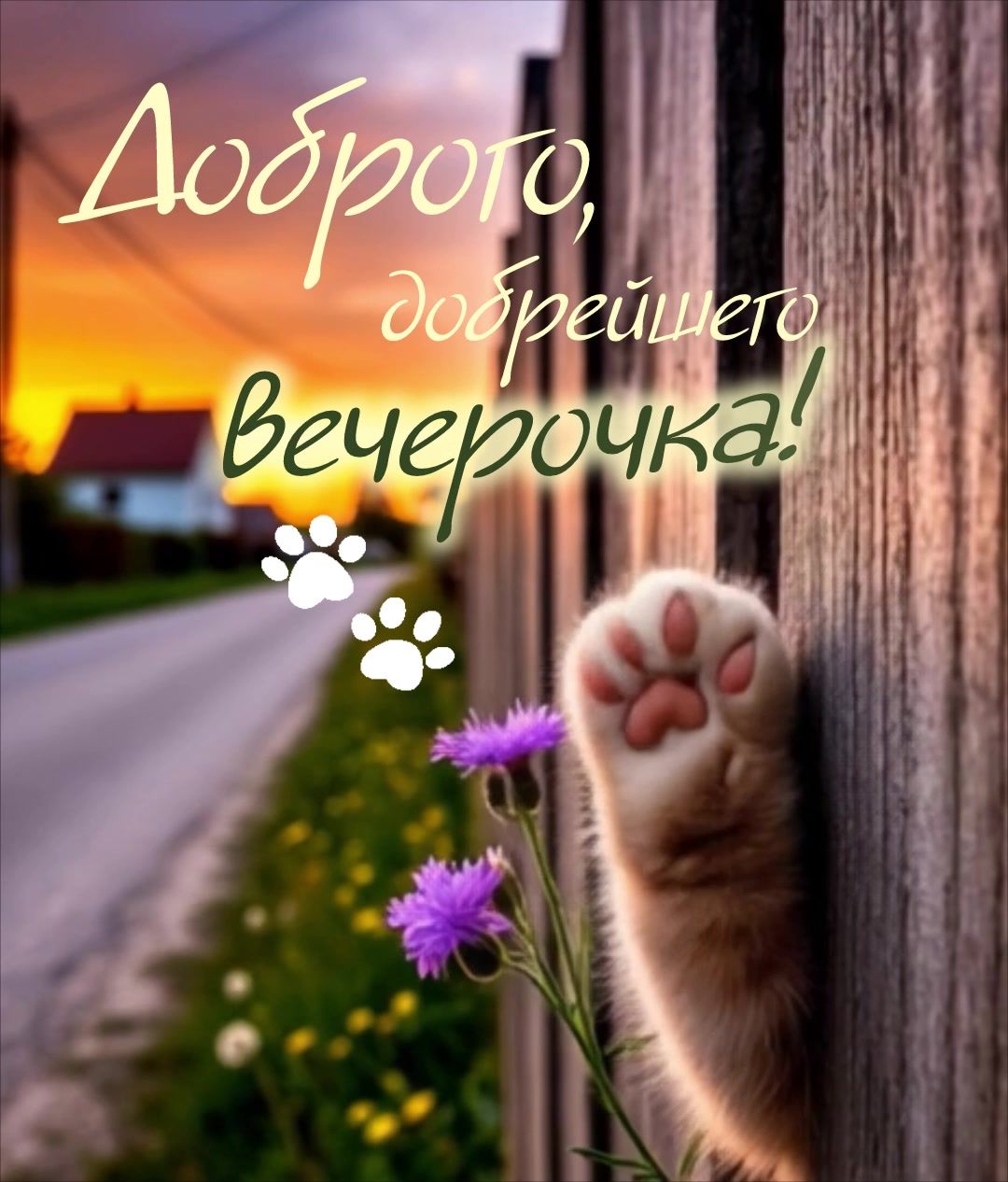 Открытка «Кот»: Доброго вечера! Лапка кота и закат – милый позитив. Тэги: животное, пожелание, улыбка, красивая…