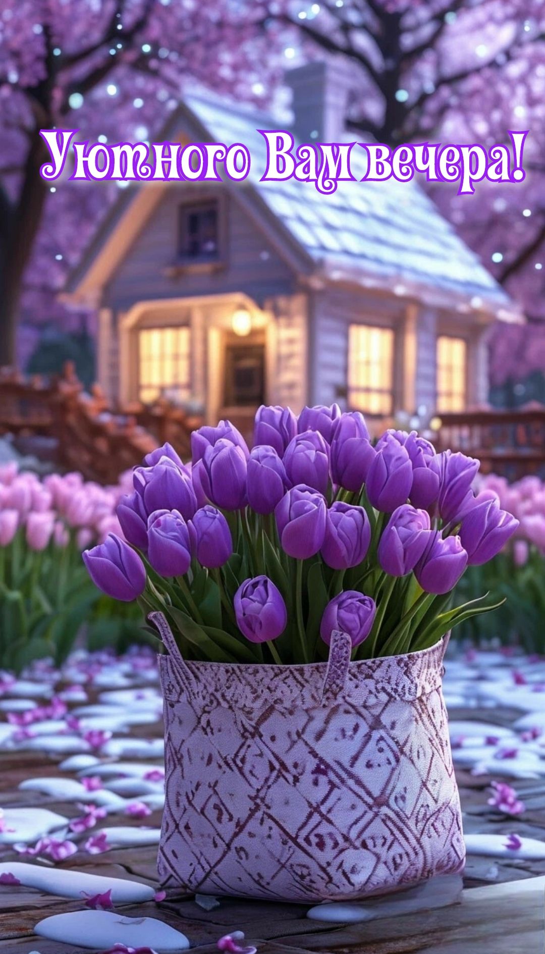 Открытка «Пожелание»: «Уютного вечера» с нежными тюльпанами и домиком. Тэги: позитив, цветок, домик, настроение, весна…