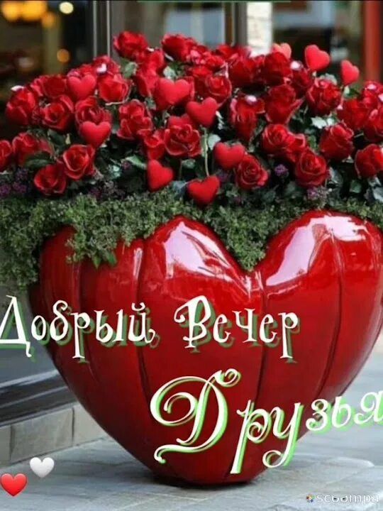 Открытка «Пожелание»: Добрый вечер, друзья! Красивые розы в форме сердца. Тэги: друг, красивая, позитив, сердце…