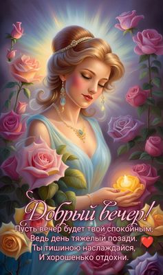 Открытка «Пожелание»: «Добрый вечер» и пожелание покоя: красивая открытка. Тэги: женщина, красивая, позитив, цветок…