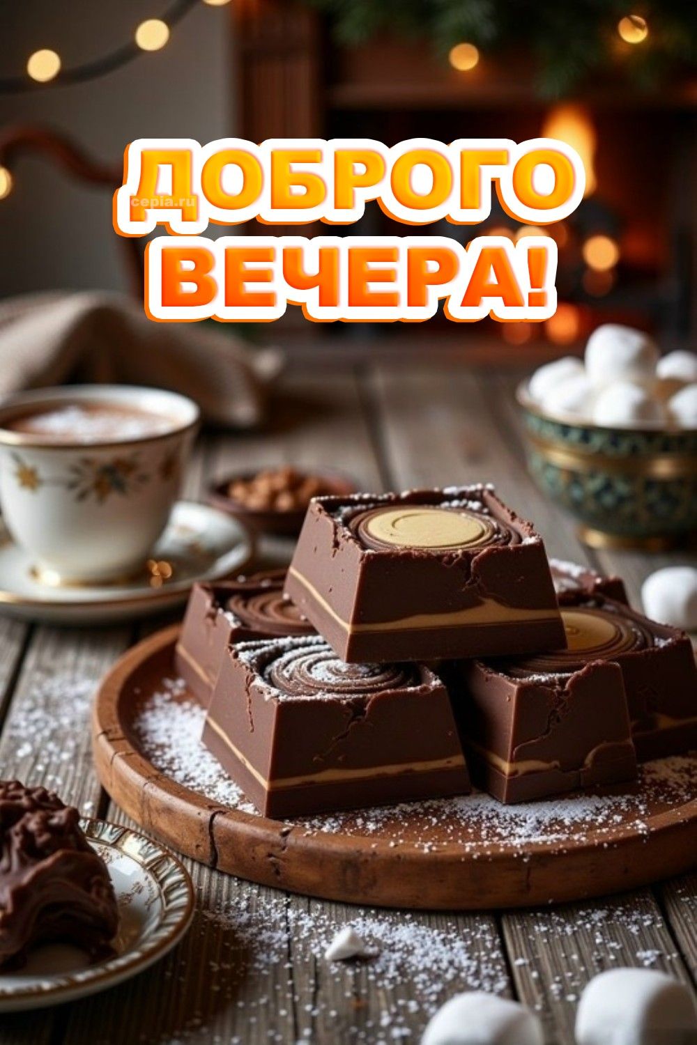 Открытка «Добрый вечер и пожелания»: Пожелание доброго вечера: уют и шоколад. Тэги: Добрый зимний вечер, Доброго вече…