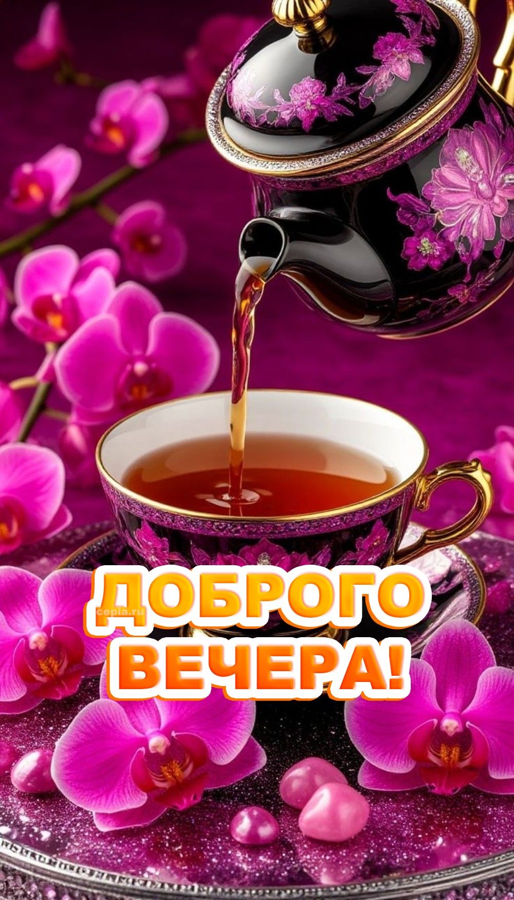 Открытка «Пожелание»: Доброго вечера! Красивая открытка с чаем и орхидеями. Тэги: красивая, позитив, радость, цветок…