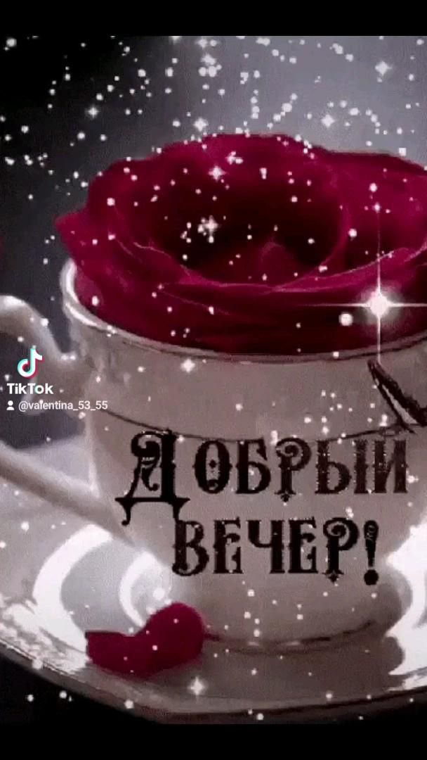 Открытка «Пожелание»: Нежный «Добрый вечер!»: роза в блестящей чашке. Тэги: красивая, позитив, радость, цветок, чашка…