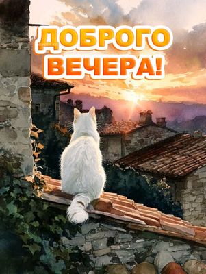 Открытка «Кот»: Добрый вечер: уютный кот на закате. Тэги: животное, пожелание, красивая, позитив, настроение, милая…
