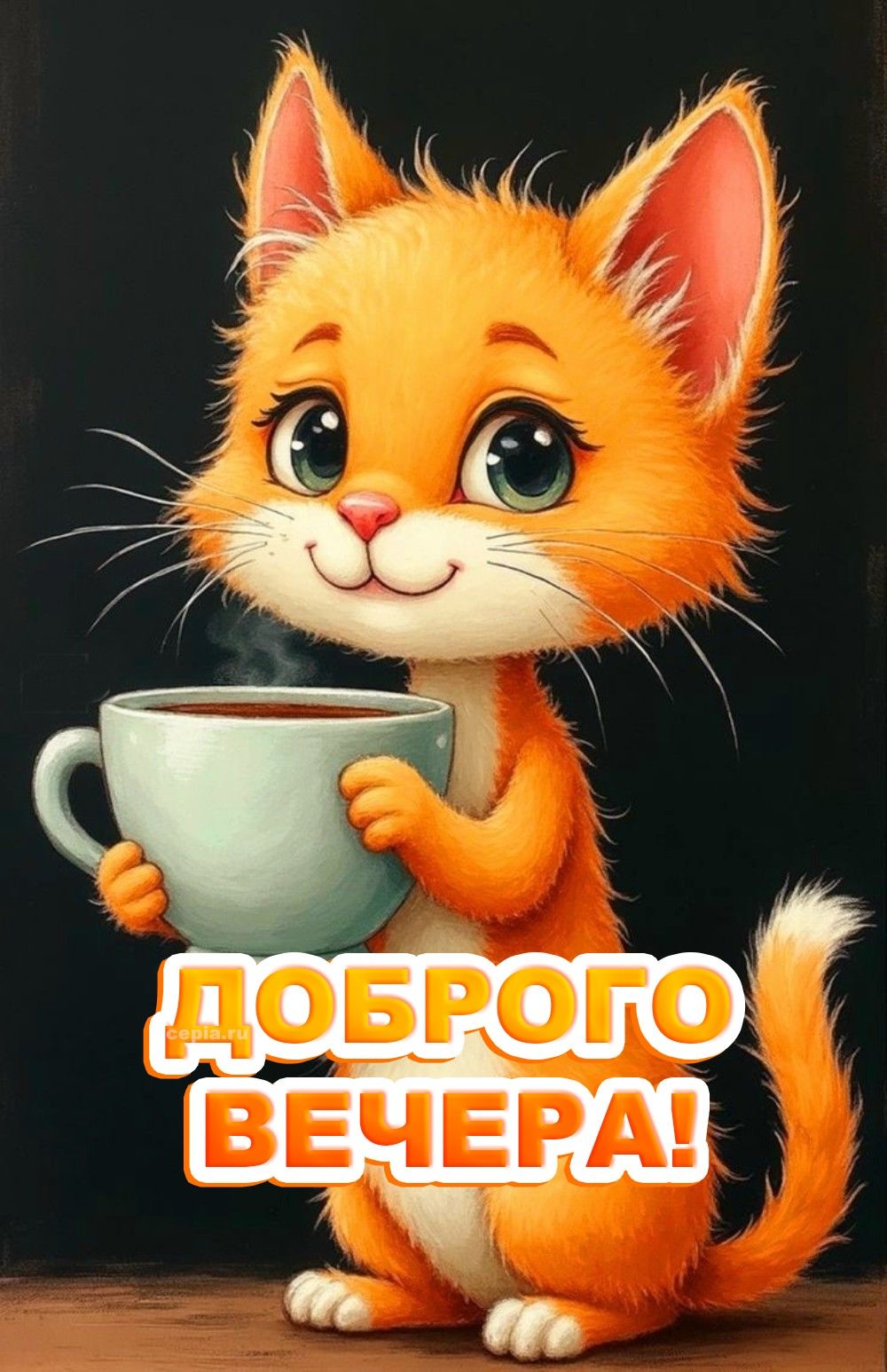 Открытка «Кот»: Добрый вечер! Милый кот с чашкой кофе. Тэги: животное, пожелание, улыбка, друг, подруга, красивая…