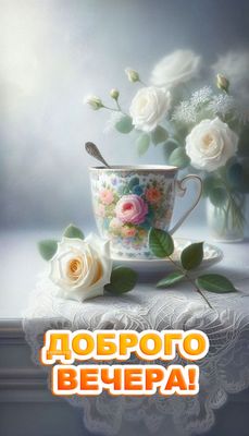 Открытка «Пожелание»: Нежная роза: красивый добрый вечер и уютная чашка. Тэги: красивая, цветок, чай, чашка, нежная…