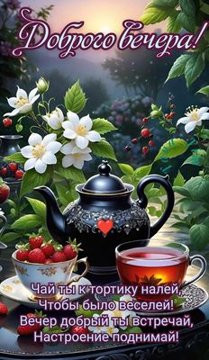 Открытка «Пожелание»: Вечер добрый! Чай, настроение и уют. Тэги: улыбка, красивая, позитив, радость, цветок, чай…