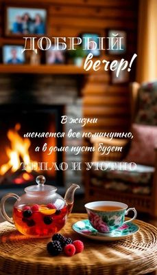 Открытка «Пожелание»: «Добрый вечер» – тепло и уют в доме. Тэги: красивая, позитив, радость, чай, чашка, настроение…