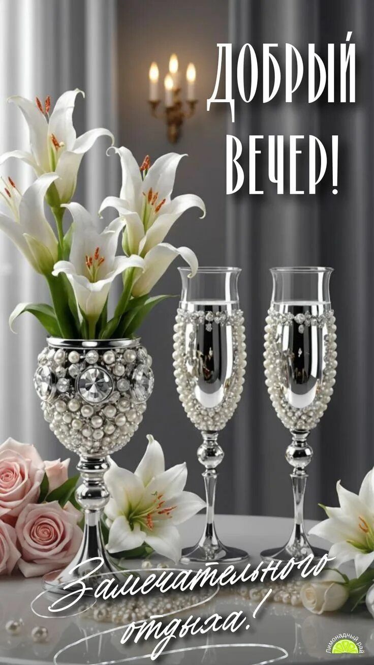 Открытка «Пожелание»: Добрый вечер! Шикарный отдых и прекрасное настроение. Тэги: красивая, радость, цветок, настроен…