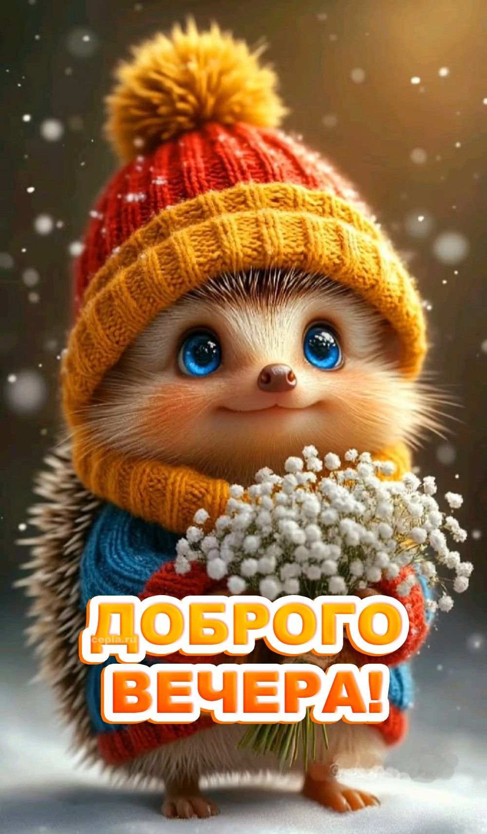 Открытка «Животное»: Доброго вечера! Милый ежик и зимнее пожелание. Тэги: пожелание, улыбка, шапка, шарф, красивая…