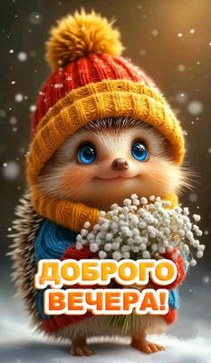 Открытка «Животное»: Доброго вечера! Милый ежик и зимнее пожелание. Тэги: пожелание, улыбка, шапка, шарф, красивая…