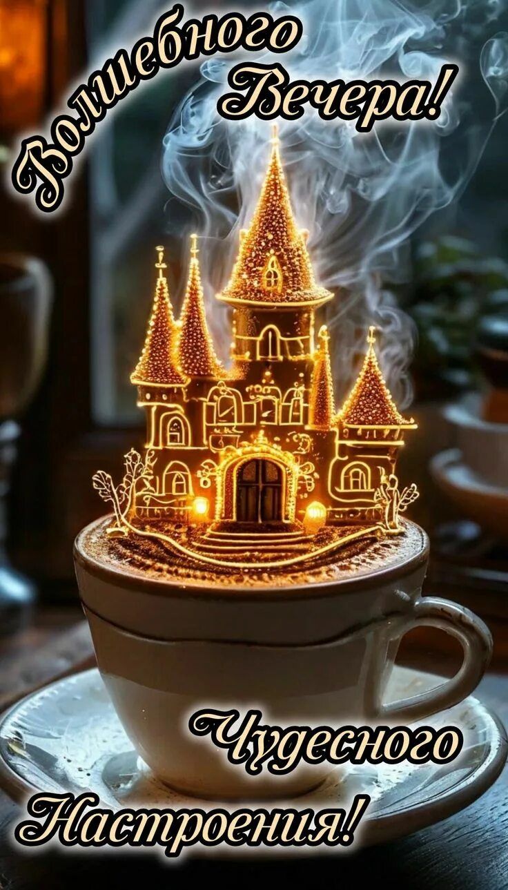 Открытка «Пожелание»: Волшебный Вечер и Чудесное Настроение. Тэги: улыбка, красивая, кофе, позитив, радость, чашка…