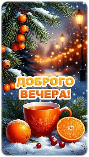 Открытка «Пожелание»: Красивая открытка: Доброго вечера в уютной зиме!. Тэги: красивая, радость, чай, чашка, фонарь…