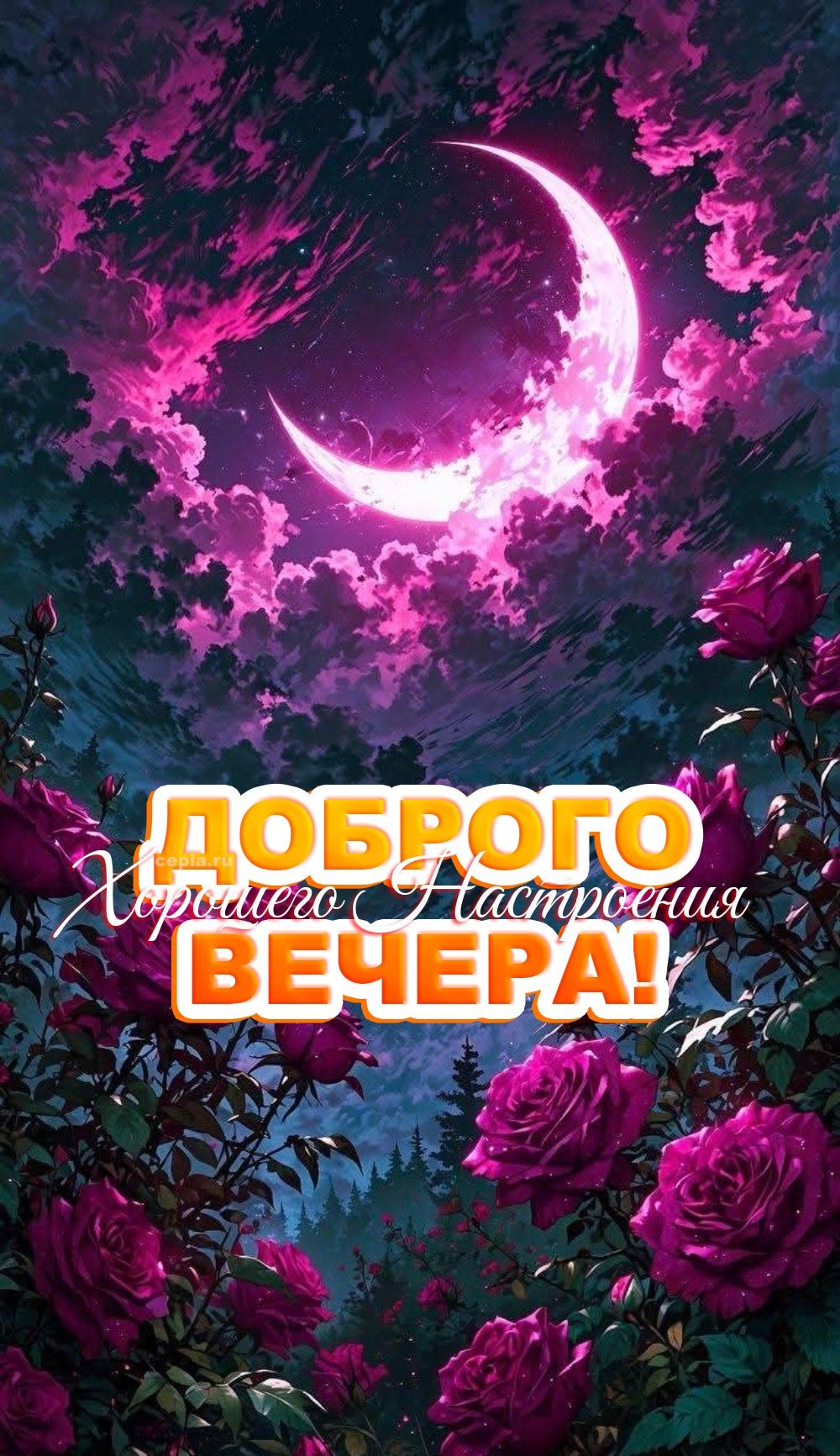 Открытка «Пожелание»: Добрый вечер и хорошего настроения: сказочная ночь роз. Тэги: красивая, позитив, цветок, настро…