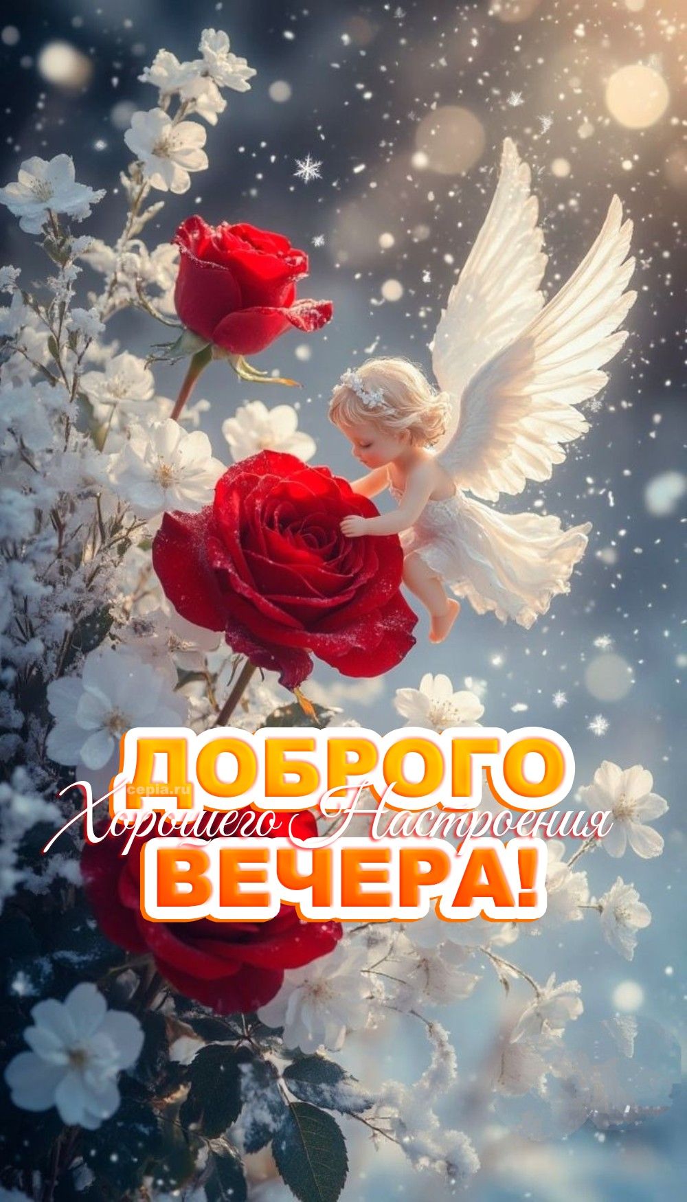 Открытка «Пожелание»: Добрый вечер: ангел, розы, настроение и счастье. Тэги: улыбка, красивая, позитив, радость…
