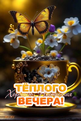 Открытка «Животное»: Тёплого вечера и хорошего настроения! Бабочка, цветы. Тэги: пожелание, улыбка, красивая, позитив…