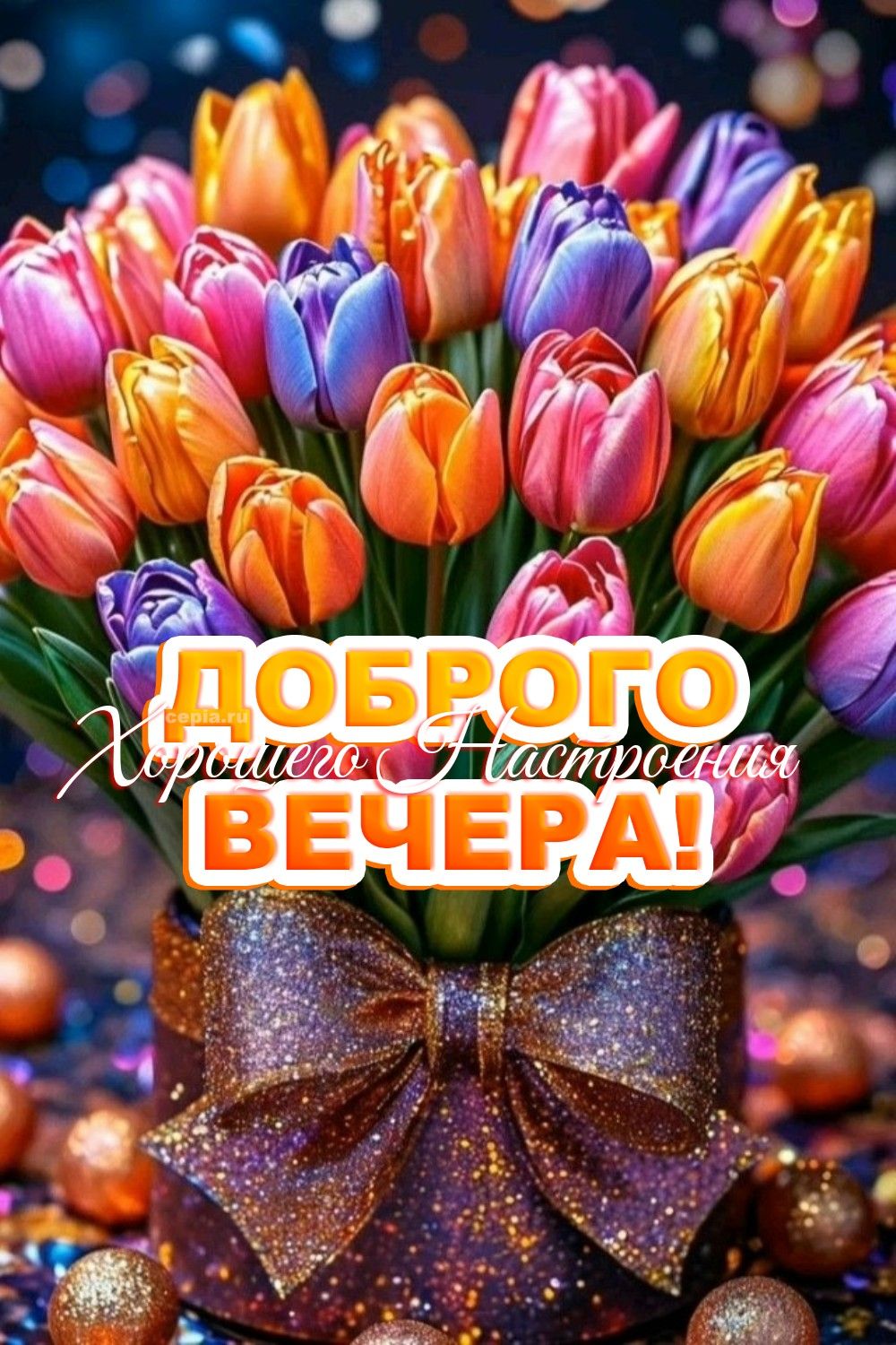 Открытка «Пожелание»: Добрый вечер, хорошее настроение! Яркие тюльпаны. Тэги: улыбка, красивая, позитив, радость…