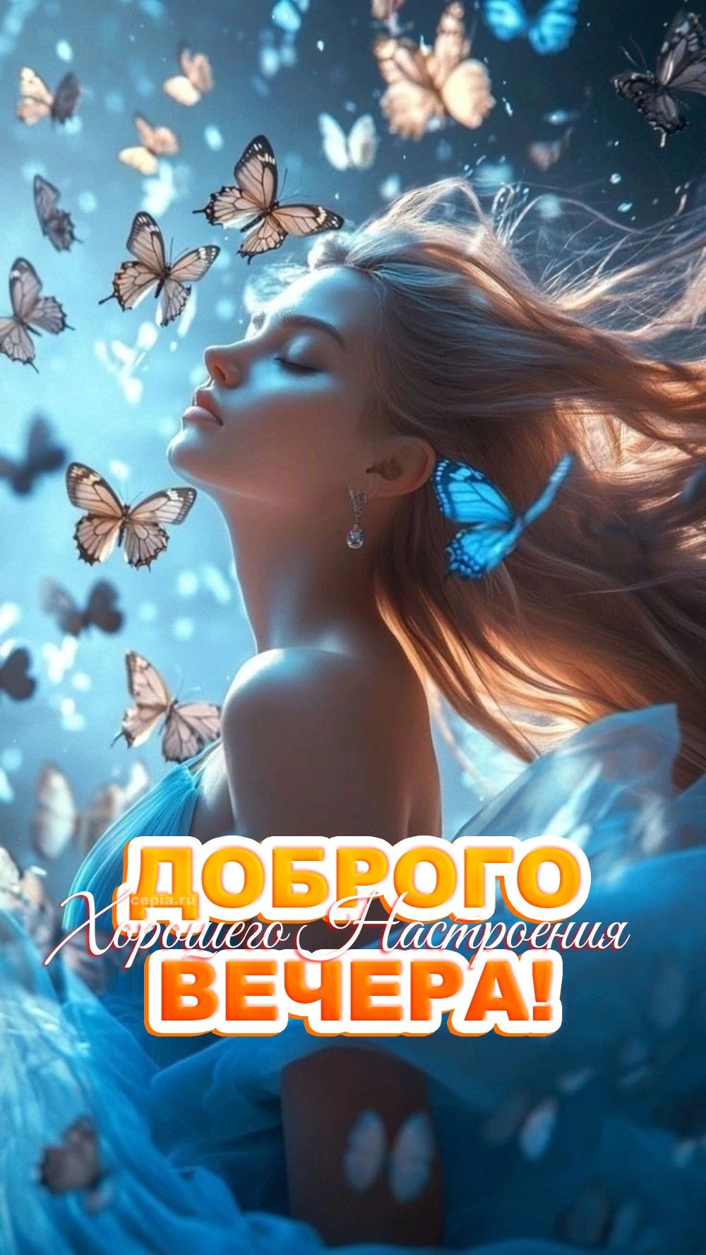 Открытка «Пожелание»: Добрый вечер: красивая девушка и бабочки. Тэги: улыбка, женщина, девушка, красивая, позитив…