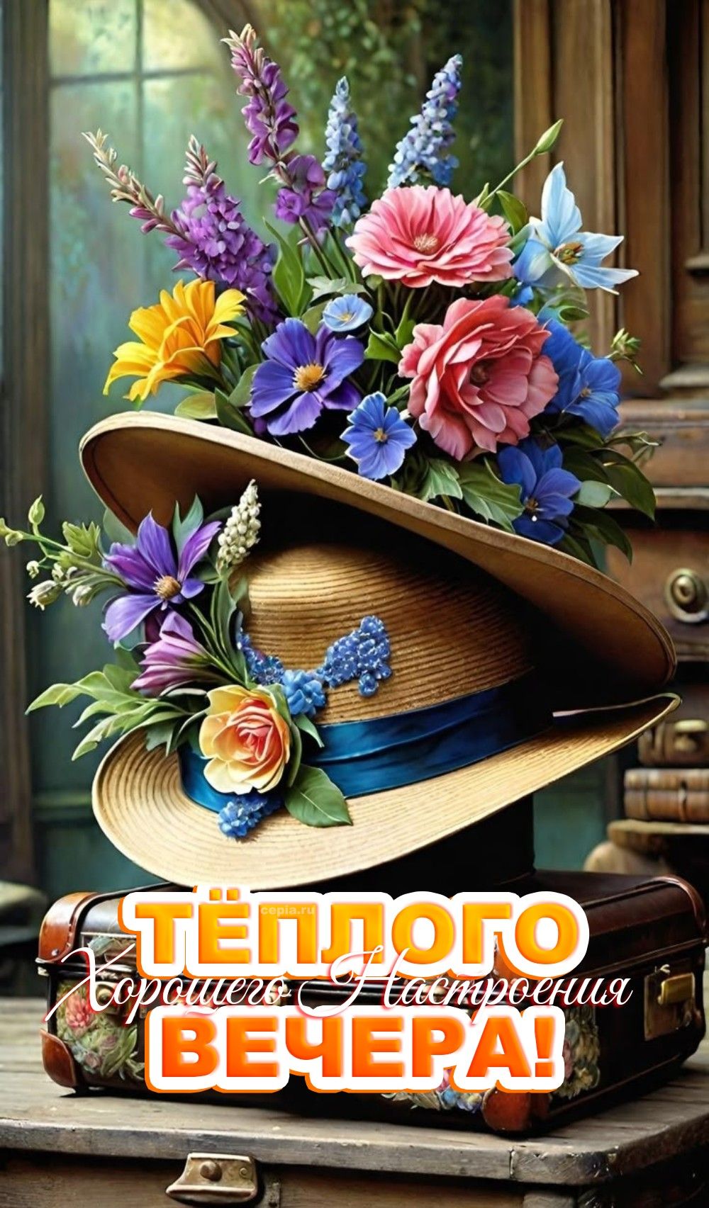 Открытка «Добрый вечер и пожелания»: Тёплого вечера! Красивая открытка с цветами. Тэги: Добрый вечер красивые, Добрый…