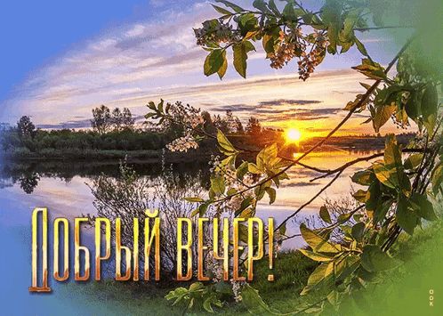 Открытка «Пожелание»: «Добрый вечер» – закат и цветущая весна. Тэги: красивая, настроение, нежная, весна, природа…