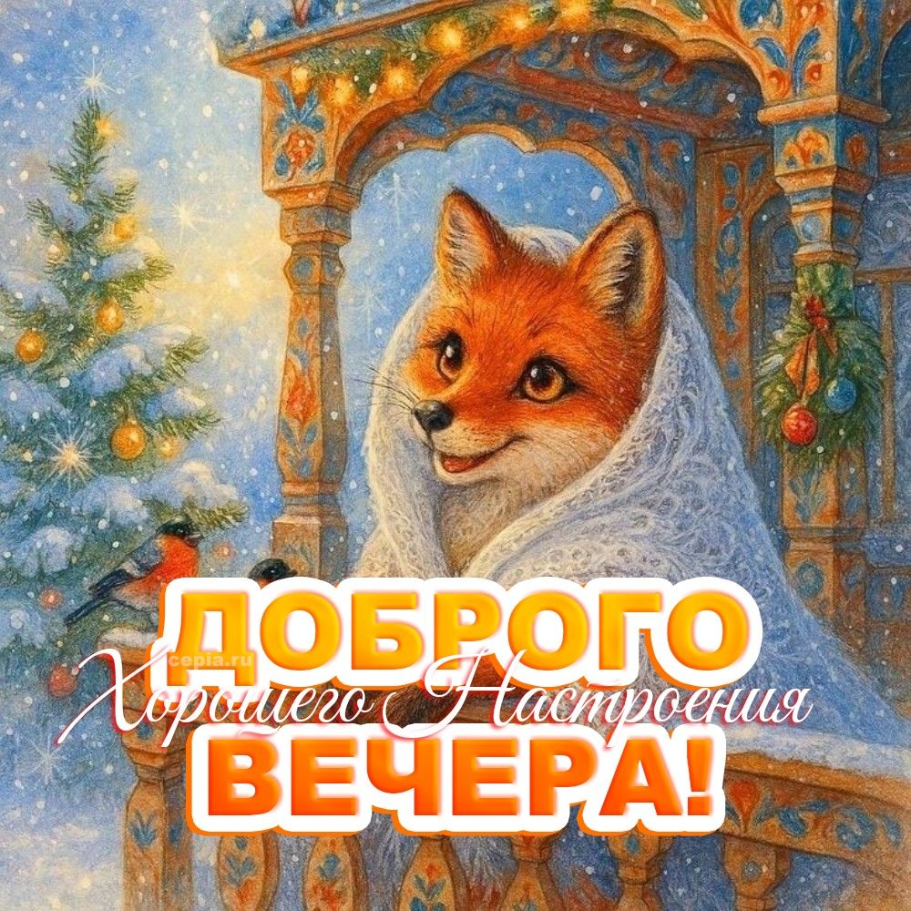 Открытка «Животное»: Доброго вечера и хорошего настроения с милой лисой. Тэги: пожелание, улыбка, позитив, радость…