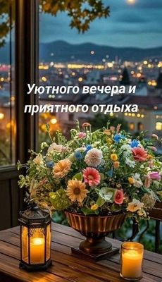 Открытка «Пожелание»: Уютный вечер и приятный отдых. Тэги: красивая, цветок, окно, стол, фонарь, настроение, нежная…