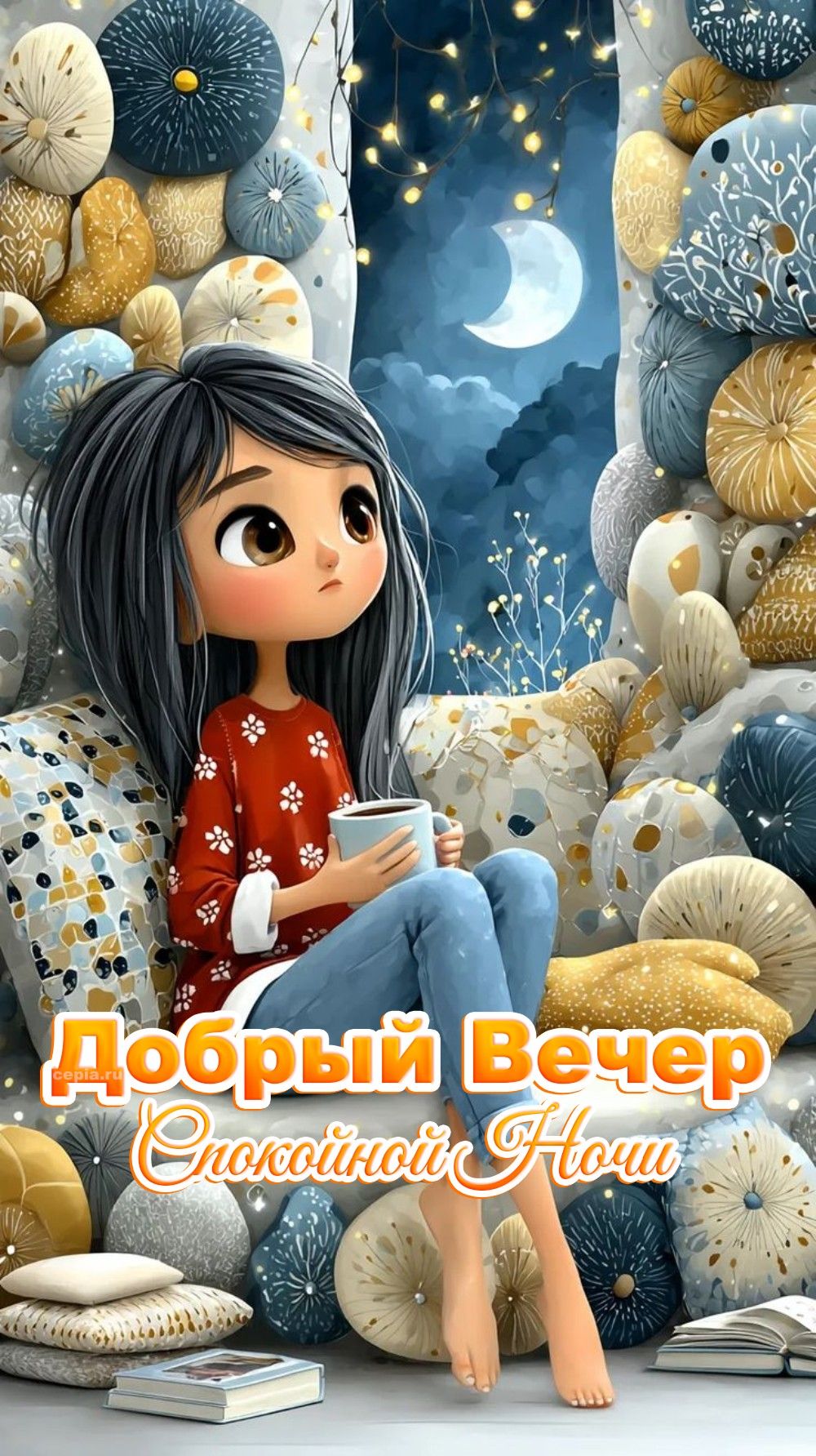 Открытка «Пожелание»: Добрый вечер, спокойной ночи: уютная девушка. Тэги: девушка, красивая, кофе, позитив, уют, чашка…