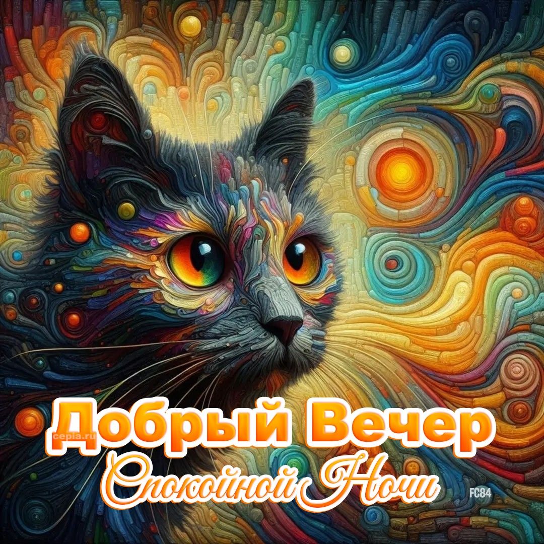 Открытка «Кот»: Добрый Вечер и Спокойной Ночи с волшебным котом. Тэги: животное, пожелание, улыбка, красивая, позитив…