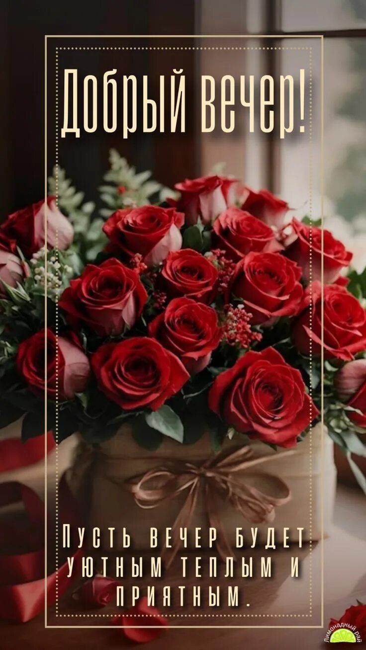 Открытка «Пожелание»: Красивый букет роз: Добрый вечер, уют и тепло!. Тэги: красивая, позитив, радость, цветок, нежная…