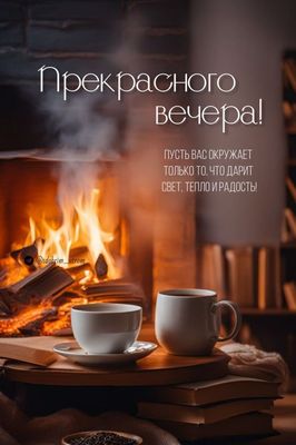 Открытка «Пожелание»: Прекрасного вечера! Уют и тепло у камина. Тэги: красивая, кофе, радость, тепло, чашка, настроен…