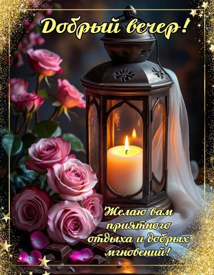 Открытка «Пожелание»: Добрый вечер! Уютное пожелание с розой и свечой. Тэги: красивая, позитив, цветок, фонарь…