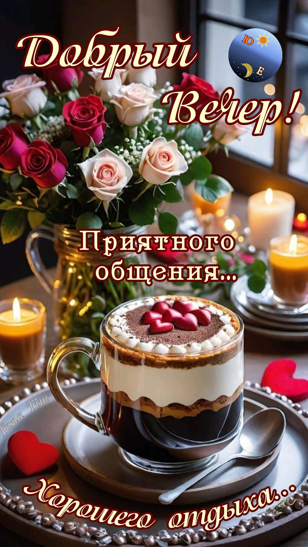 Открытка «Пожелание»: Добрый вечер! Приятный отдых и розы для настроения. Тэги: кофе, позитив, сердце, окно, чашка…