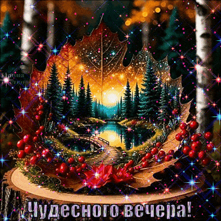 Открытка «Пожелание»: Чудесный осенний вечер. Анимация. Тэги: красивая, осень, настроение, природа, лист, пейзаж…