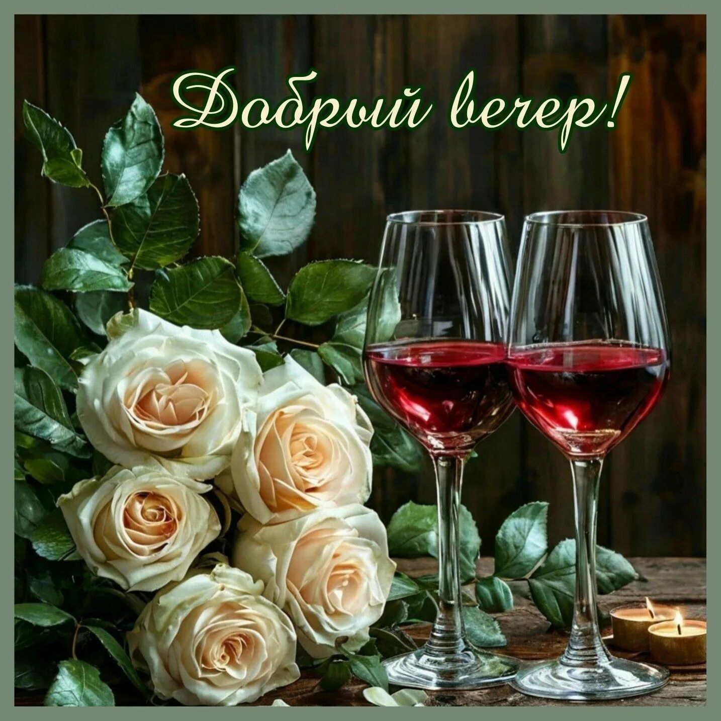 Открытка «Пожелание»: Добрый вечер! Красивая открытка с розами и вином. Тэги: красивая, позитив, цветок, стол, настро…