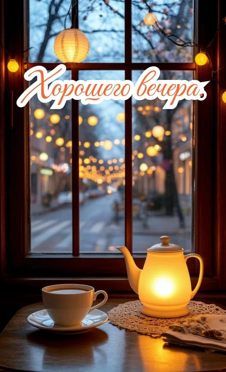 Открытка «Пожелание»: «Хорошего вечера» — уютное пожелание с чаем. Тэги: друг, подруга, красивая, кофе, позитив…