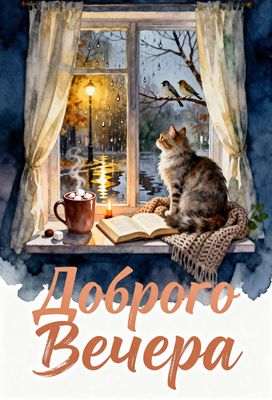 Открытка «Кот»: Доброго Вечера! Уютный кот и чашка кофе. Тэги: пожелание, красивая, кофе, уют, осень, окно, чашка…