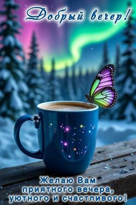 Открытка «Пожелание»: Добрый вечер! Сказочный уют и северное сияние. Тэги: красивая, кофе, позитив, чашка, настроение…