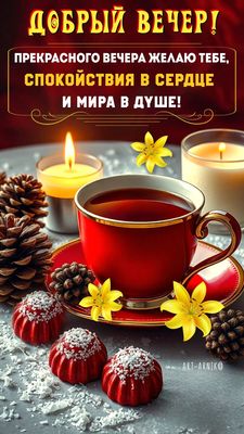 Открытка «Пожелание»: Добрый вечер! Пожелание спокойствия и мира. Тэги: красивая, чай, чашка, настроение, нежная, зима…