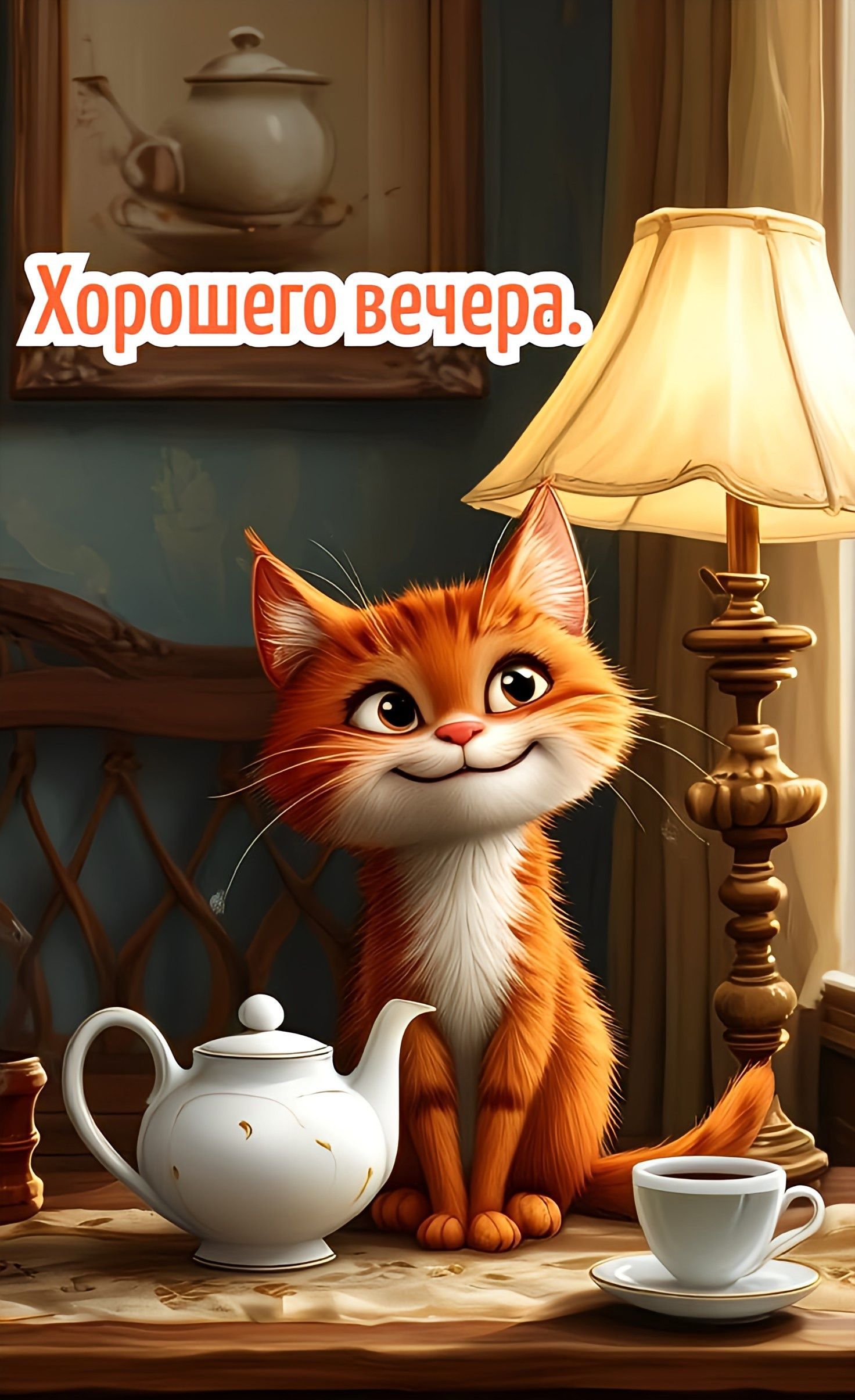 Открытка «Кот»: Уютного вечера: милый кот и теплое пожелание. Тэги: животное, пожелание, чай, стол, чашка, настроение…
