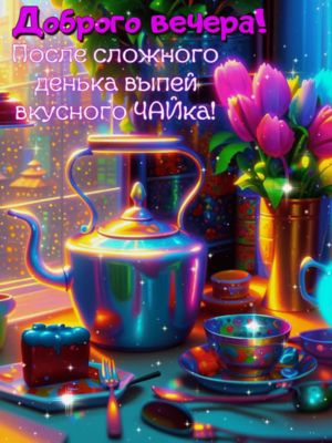 Открытка «Пожелание»: Доброго вечера! Уютный чай для настроения. Тэги: красивая, позитив, радость, цветок, чай, стол…
