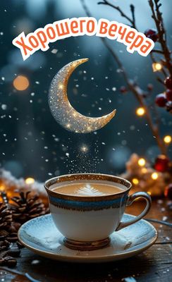 Открытка «Пожелание»: Хорошего вечера: уютный кофе под сказочным месяцем. Тэги: красивая, кофе, позитив, чашка…
