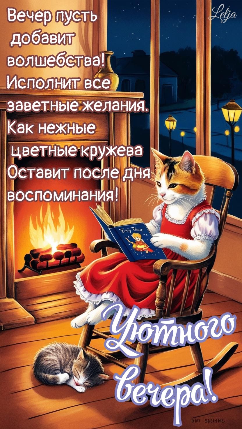 Открытка «Кот»: Уютный вечер: коты, камин и волшебство пожеланий. Тэги: животное, пожелание, красивая, позитив…