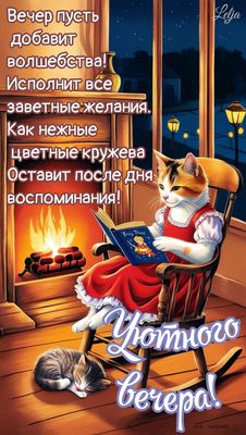 Открытка «Кот»: Уютный вечер: коты, камин и волшебство пожеланий. Тэги: животное, пожелание, красивая, позитив…