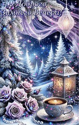 Открытка «Пожелание»: Доброго Зимнего Вечера! Сказочная открытка с кофе. Тэги: красивая, кофе, чашка, фонарь, настрое…