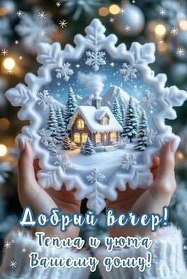 Открытка «Пожелание»: Добрый вечер: зимний уют и тепло для дома. Тэги: красивая, тепло, домик, настроение, зима…