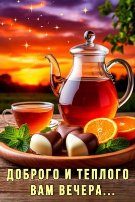 Открытка «Пожелание»: Добрый вечер: чай, сладости и теплые пожелания. Тэги: красивая, позитив, радость, сердце, чай…