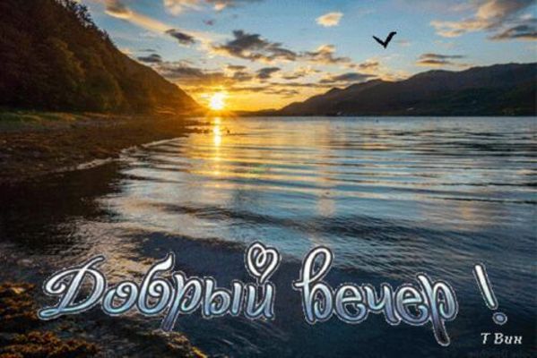 Открытка «Пожелание»: Добрый вечер! Красивый закат на озере. Тэги: красивая, позитив, настроение, птица, природа…